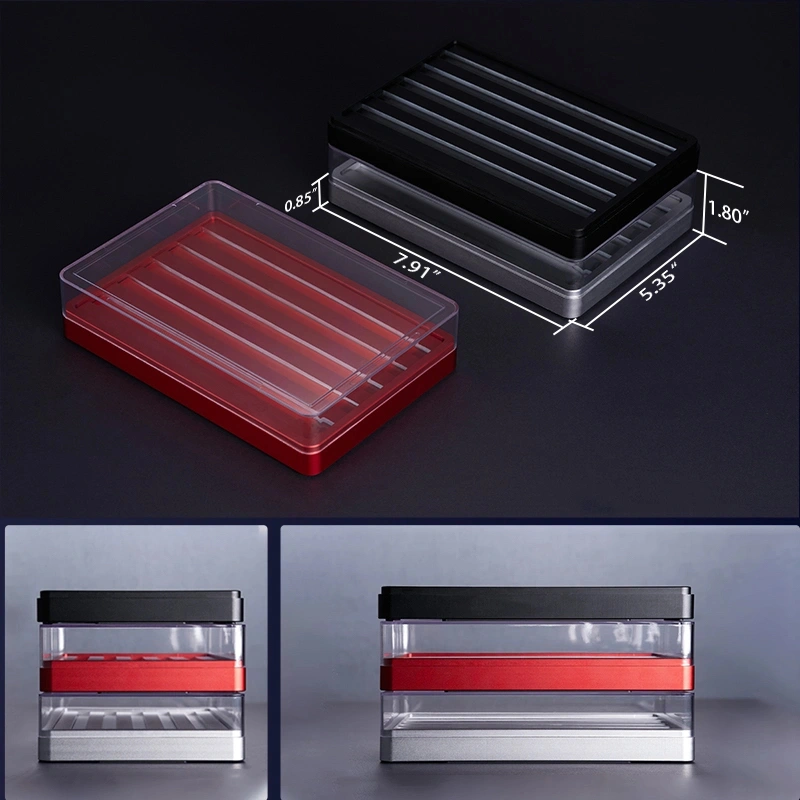 ZOMOPLUS X BugerWork metal keycap box with stackable design, dimensions 7.91x5.35x1.80 inches, perfect for organizing keycaps.