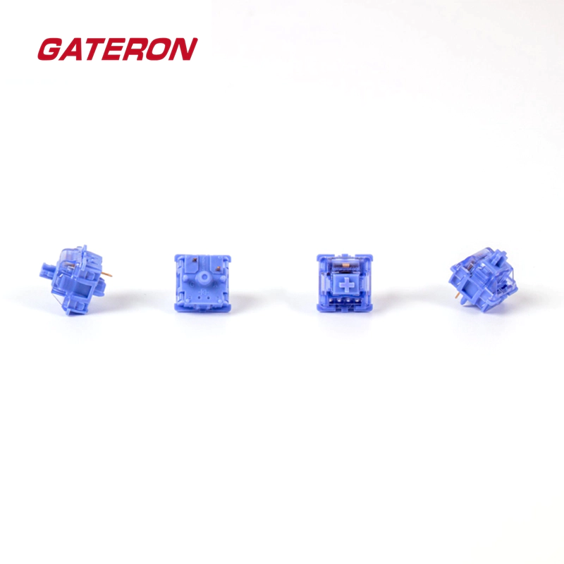 Gateron CJ Linear Switch in light blue, viewed from various angles, with silent operation and fast response times for gaming setups.