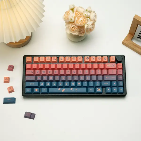 Top-down scene of XVX Spacecraft 134-key Cherry Profile Keycaps, highlighting intricate dye-sublimated spacecraft legends