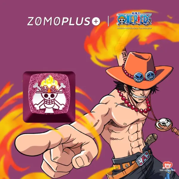 ZOMOPLUS One Piece Ace Keycap with character figurine, capturing the anime__ adventurous spirit in durable aluminum design.