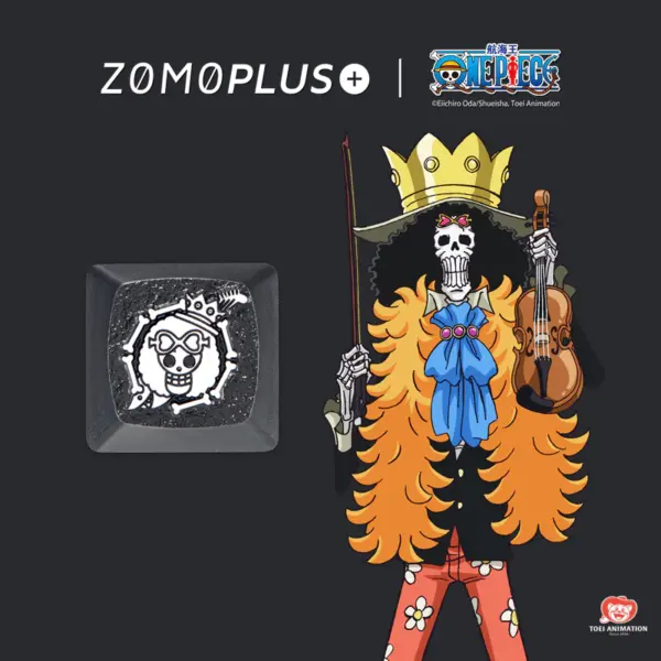 ZOMOPLUS Brook Keycap shown with the character, capturing the keycap__ intricate design inspired by One Piece__ iconic skeleton musician.