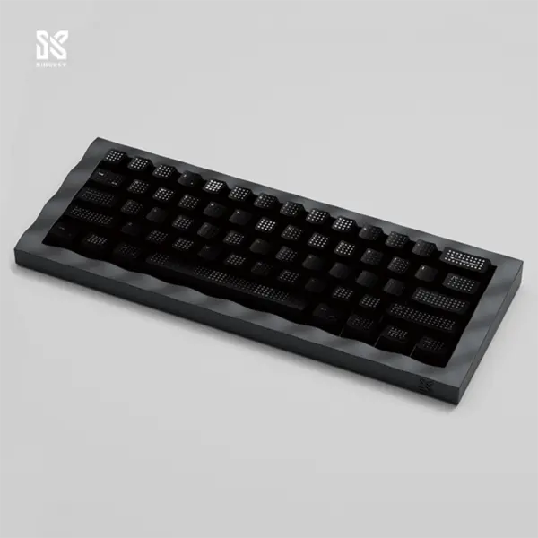 Side-angled overhead view of SINOKEY Black Polka Dot Keycap Set, emphasizing its even dot pattern and comfortable design.