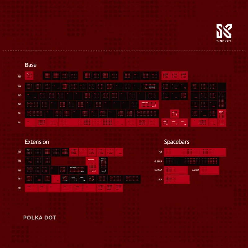 SINOKEY Polka Dot Keycap Set layout image, showing Base, Extension, and Spacebars in red-black PBT material with Cherry profile.