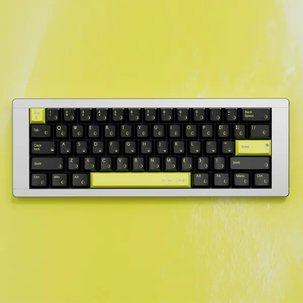 Lunar-themed SINOKEY Yellow Keycap Set installed on a keyboard, displaying moon phases in Cherry profile.