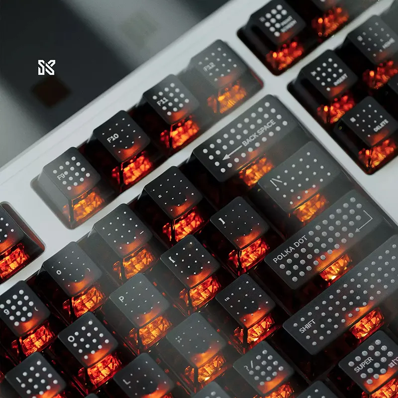 SINOKEY Black Polka Dot Keycaps - Close-up Detail View with Backlighting Close-up view of black polka dot keycaps showing detailed light diffusion through translucent PC material design