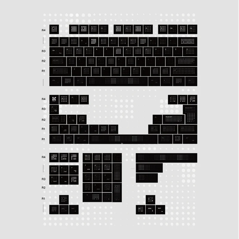 SINOKEY Polka Dot Keycap Set - Complete Layout Complete keycap layout chart showing all polka dot keycaps organized by rows, compatibility guide for mechanical keyboards