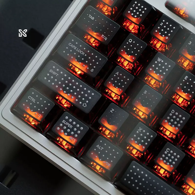 SINOKEY Polka Dot PC Translucent Backlit Keycap Set Black polka dot translucent keycaps with bright orange RGB backlighting on mechanical keyboard, premium gaming setup