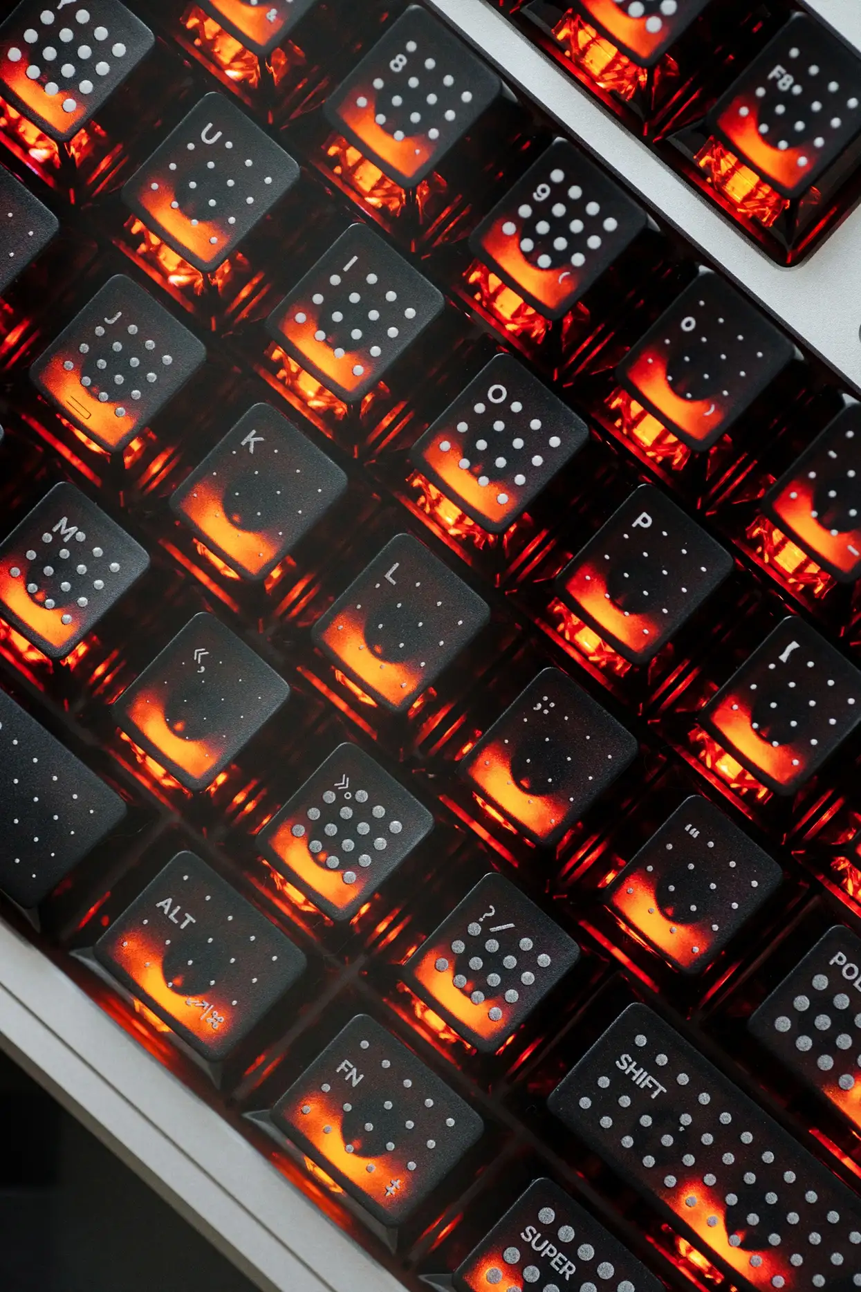 SINOKEY Polka Dot PC Backlit Keycap Set – Black SINOKEY polka dot PC backlit keycap set with brilliant red RGB lighting effects illuminating dotted pattern design
